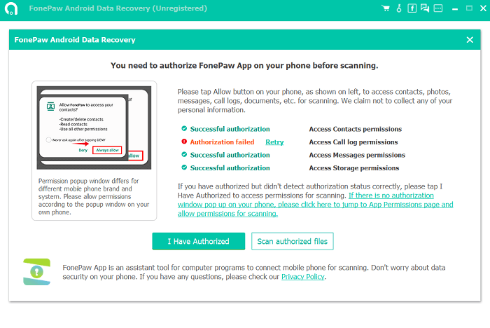 screenshot of authorising fonepaw app on phone