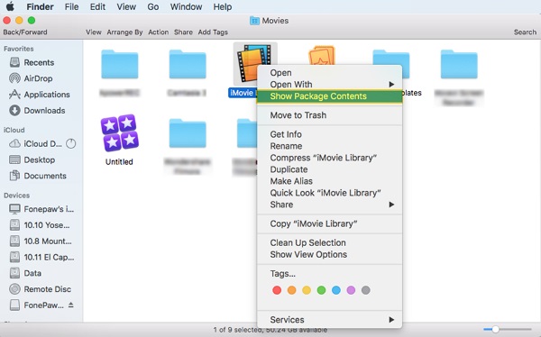 Open imovie library in finder