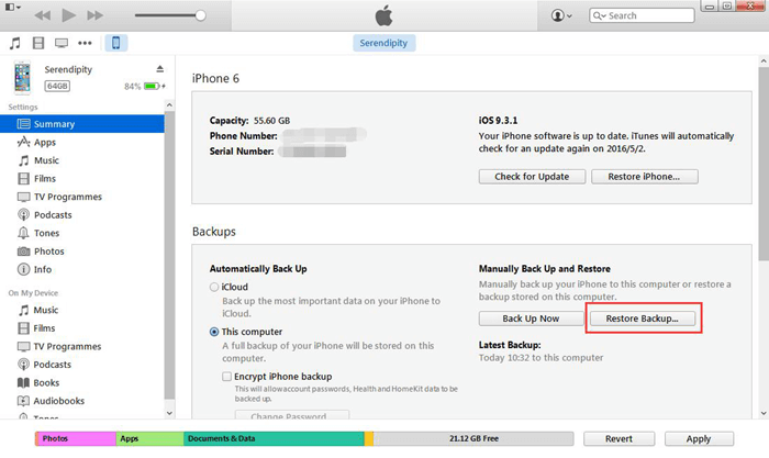 Restore iPhone from iTunes Backup