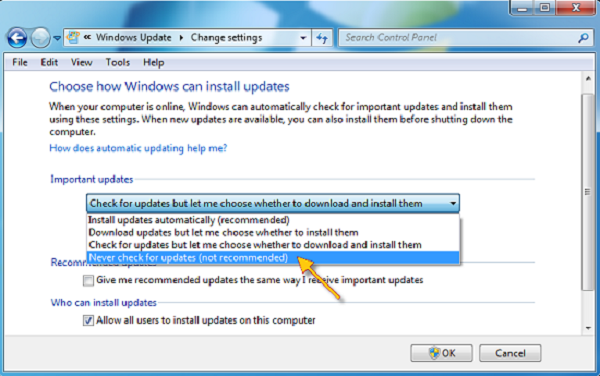 how to stop automatic updates on windows 8